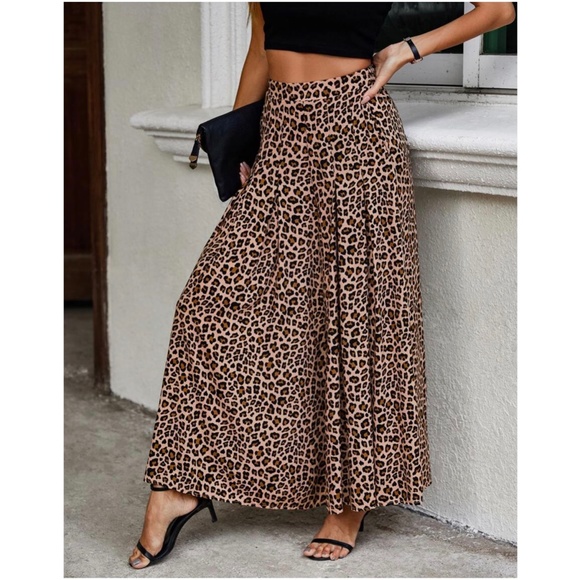 Boho Camel leopard print Wide leg Palazzo Pocket Pants - Picture 3 of 5